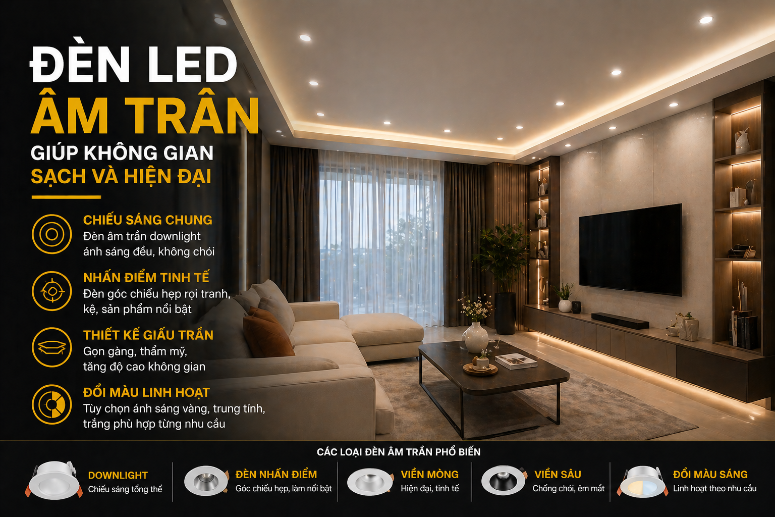 Đèn LED âm trần giúp không gian sạch và hiện đại