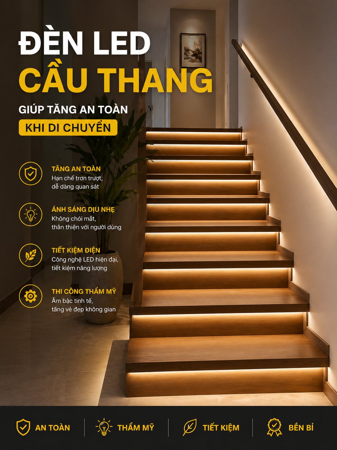 Đèn LED cầu thang giúp tăng an toàn khi di chuyển