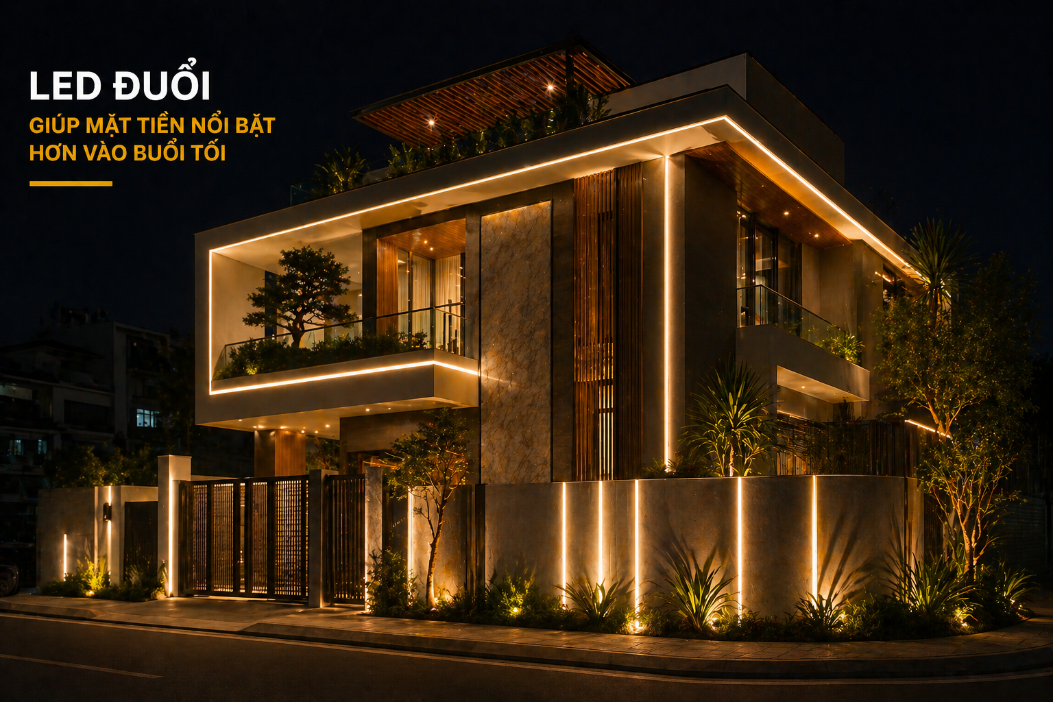 LED đuổi giúp mặt tiền nổi bật hơn vào buổi tối