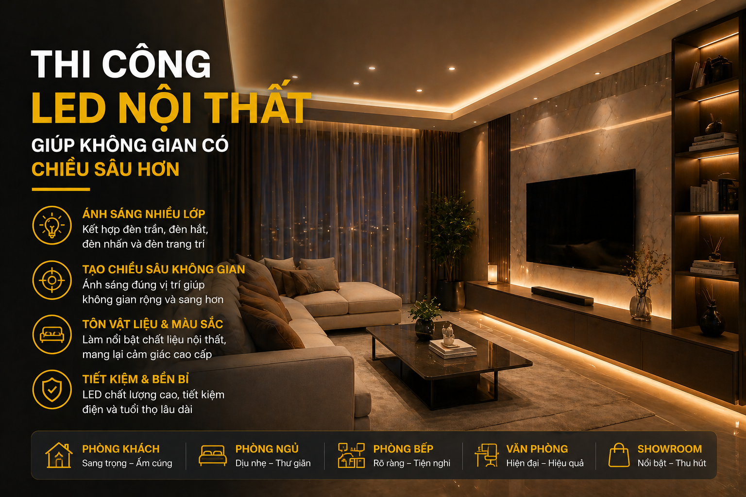 Thi công LED nội thất giúp không gian có chiều sâu hơn