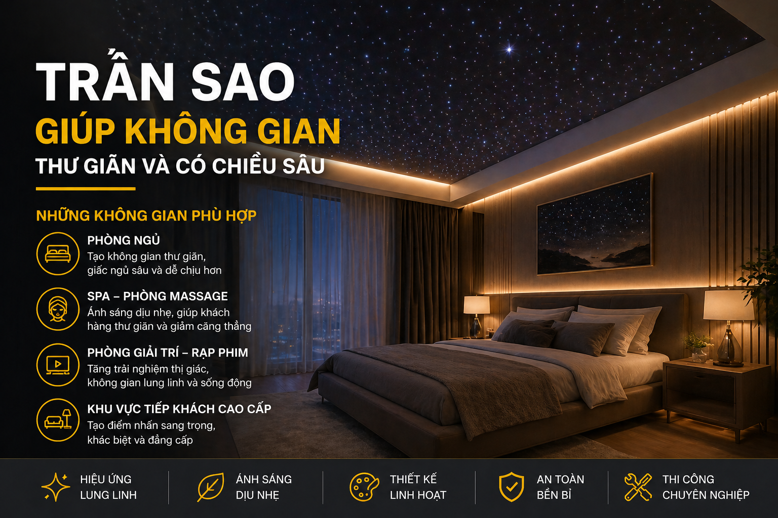 Trần sao giúp không gian thư giãn và có chiều sâu