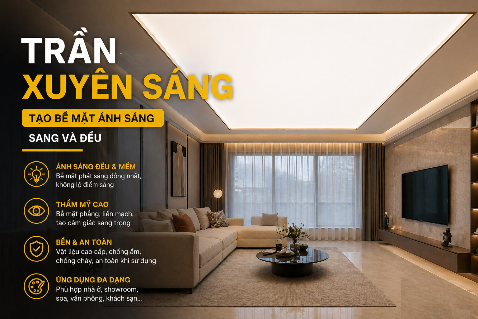 Trần xuyên sáng tạo bề mặt ánh sáng sang và đều